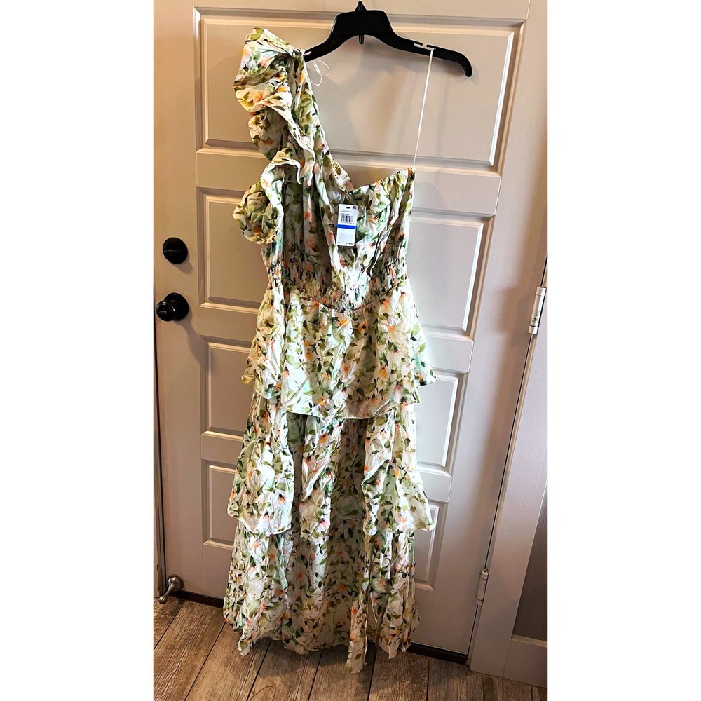 ASTR The Label Green White Floral One Shoulder Ruffle Smocked Midi Dress XL